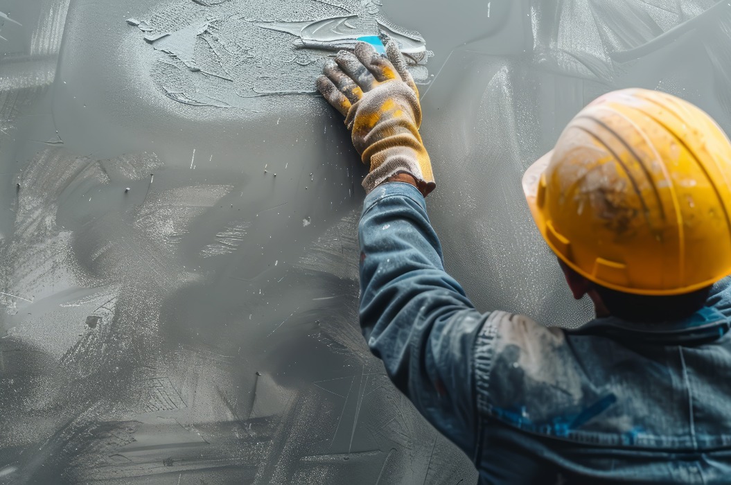 Ein Arbeiter glättet Fugenmasse auf Trockenbauwänden und führt dabei die staubige, detailreiche Arbeit aus.