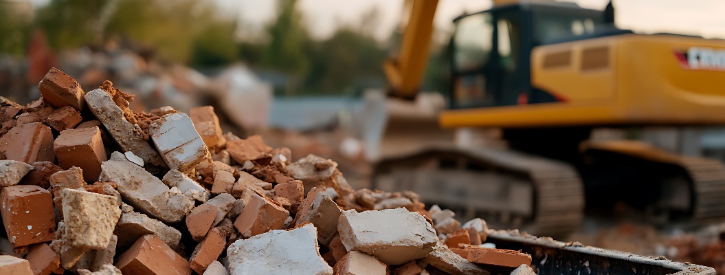 Bauschutt mit Ziegel- und Betonbrocken in einem großen Container, Baumaschinen im Hintergrund, als Symbol für Stadterneuerung und Bautätigkeit.